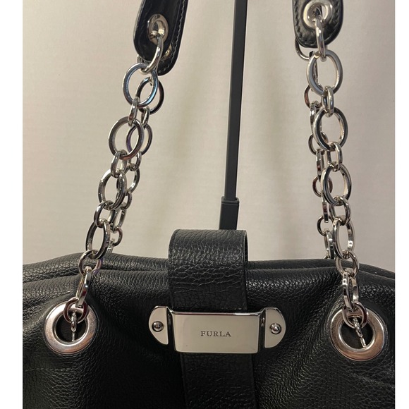 Furla Black Pebbled Leather Tote Bag Silver Chain Shoulder Strap Slouchy Hobo - Picture 3 of 15